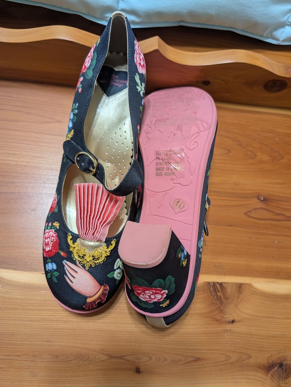 Hot Chocolate Design Black Floral Mary Jane Heels with Pink Tassel Accent - Picture 3 of 6